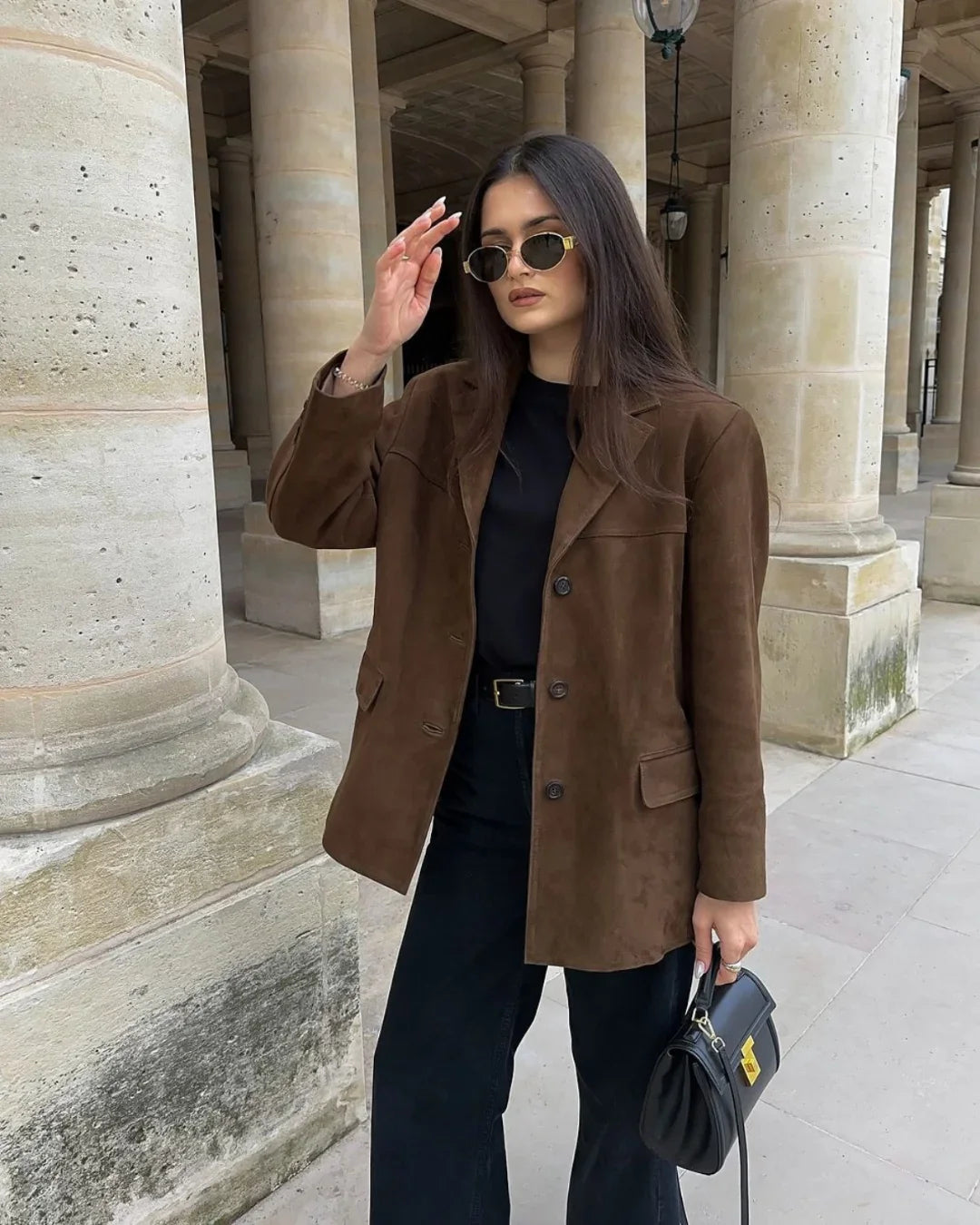 Women's Suede Look Blazer Jacket – Elegant Brown Pocket Jacket