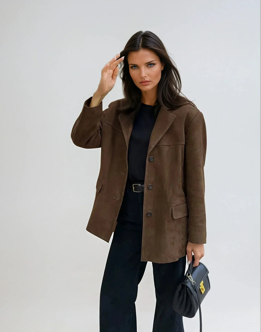 Women's Suede Look Blazer Jacket – Elegant Brown Pocket Jacket