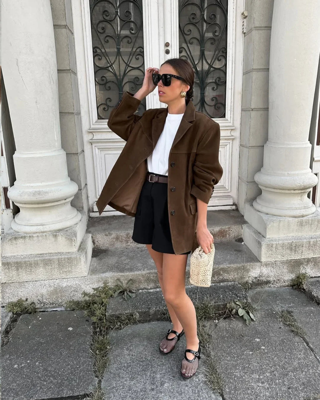 Women's Suede Look Blazer Jacket – Elegant Brown Pocket Jacket