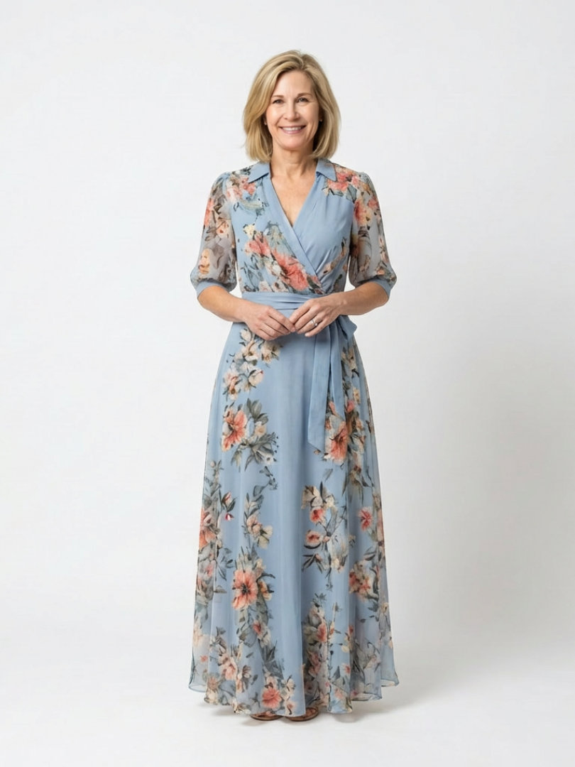 Women's Floral Wrap V Neck Maxi Dress - Easy Feminine Vacation Style