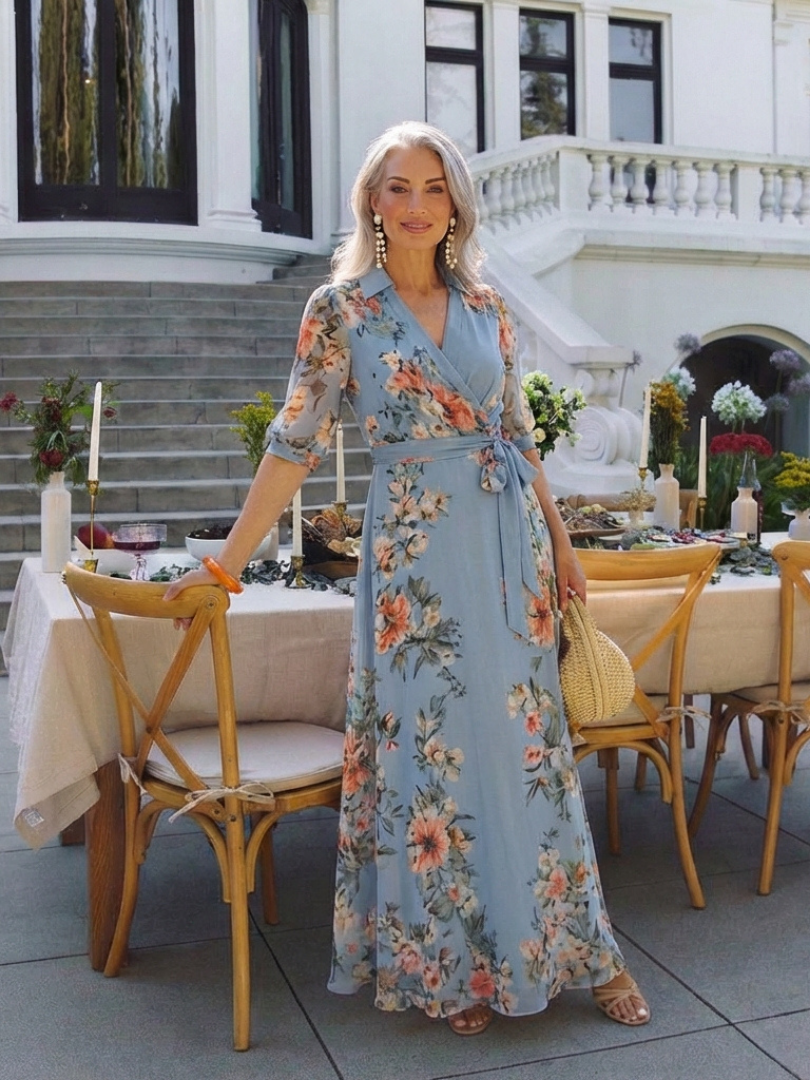 Women's Floral Wrap V Neck Maxi Dress - Easy Feminine Vacation Style
