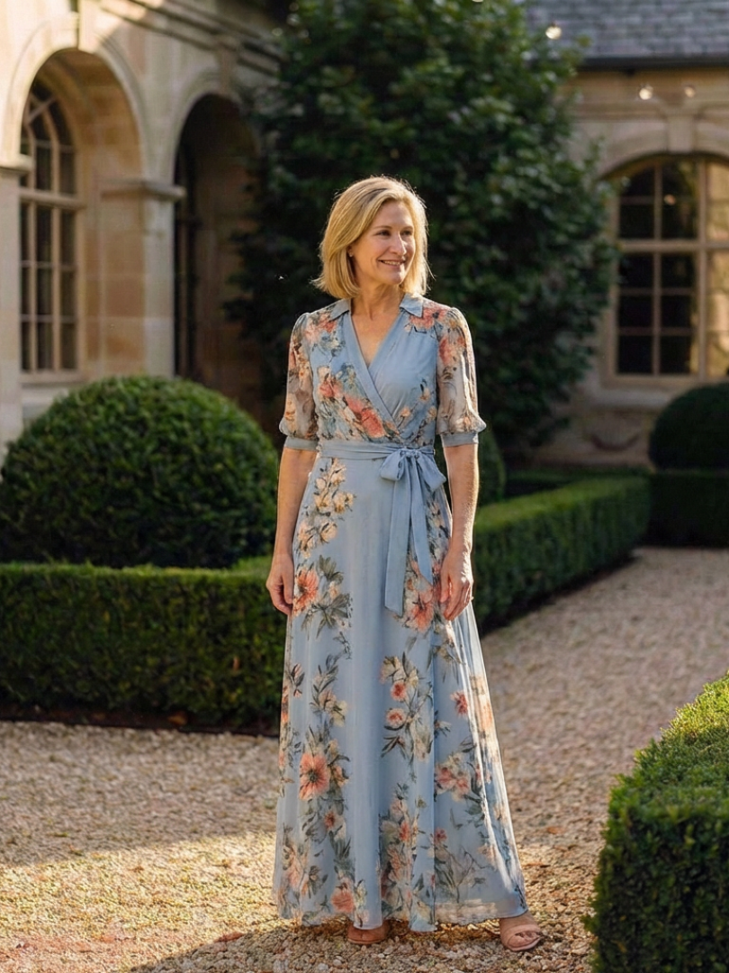 Women's Floral Wrap V Neck Maxi Dress - Easy Feminine Vacation Style