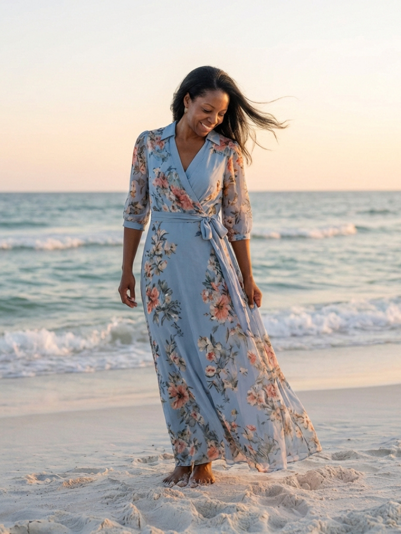 Women's Floral Wrap V Neck Maxi Dress - Easy Feminine Vacation Style