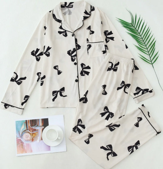 Women’s Bow-Print Long Sleeve Pajama Set – Cozy Lounge Top and Bottoms