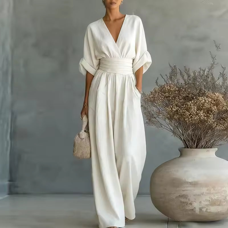 Women's Deep V Neck Wide Leg Jumpsuit - Elegant Occasion One Piece