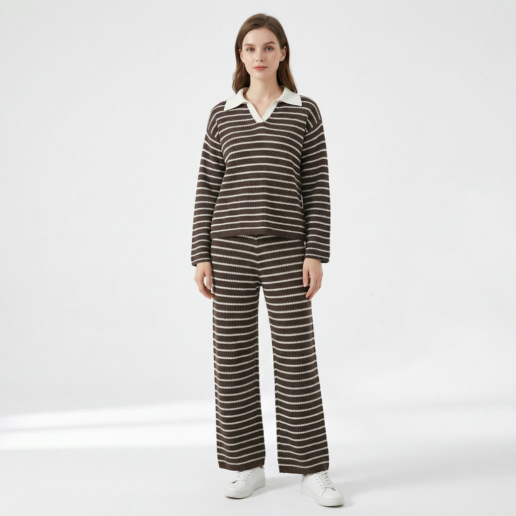 Women’s Striped V-Neck Knit Set – Stylish Two-Piece Outfit