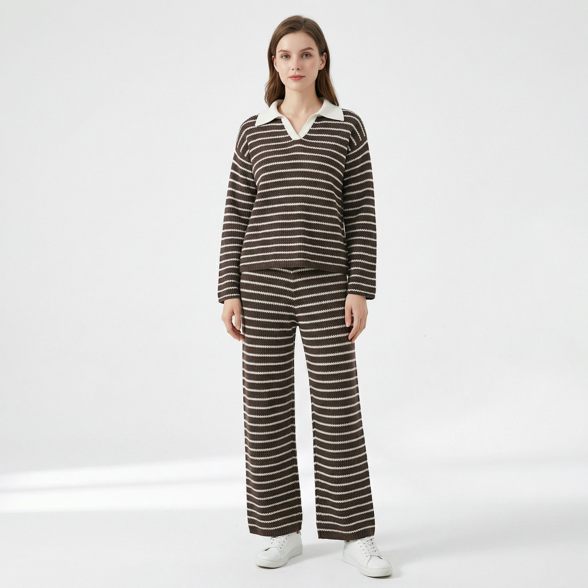 Women’s Striped V-Neck Knit Set – Stylish Two-Piece Outfit