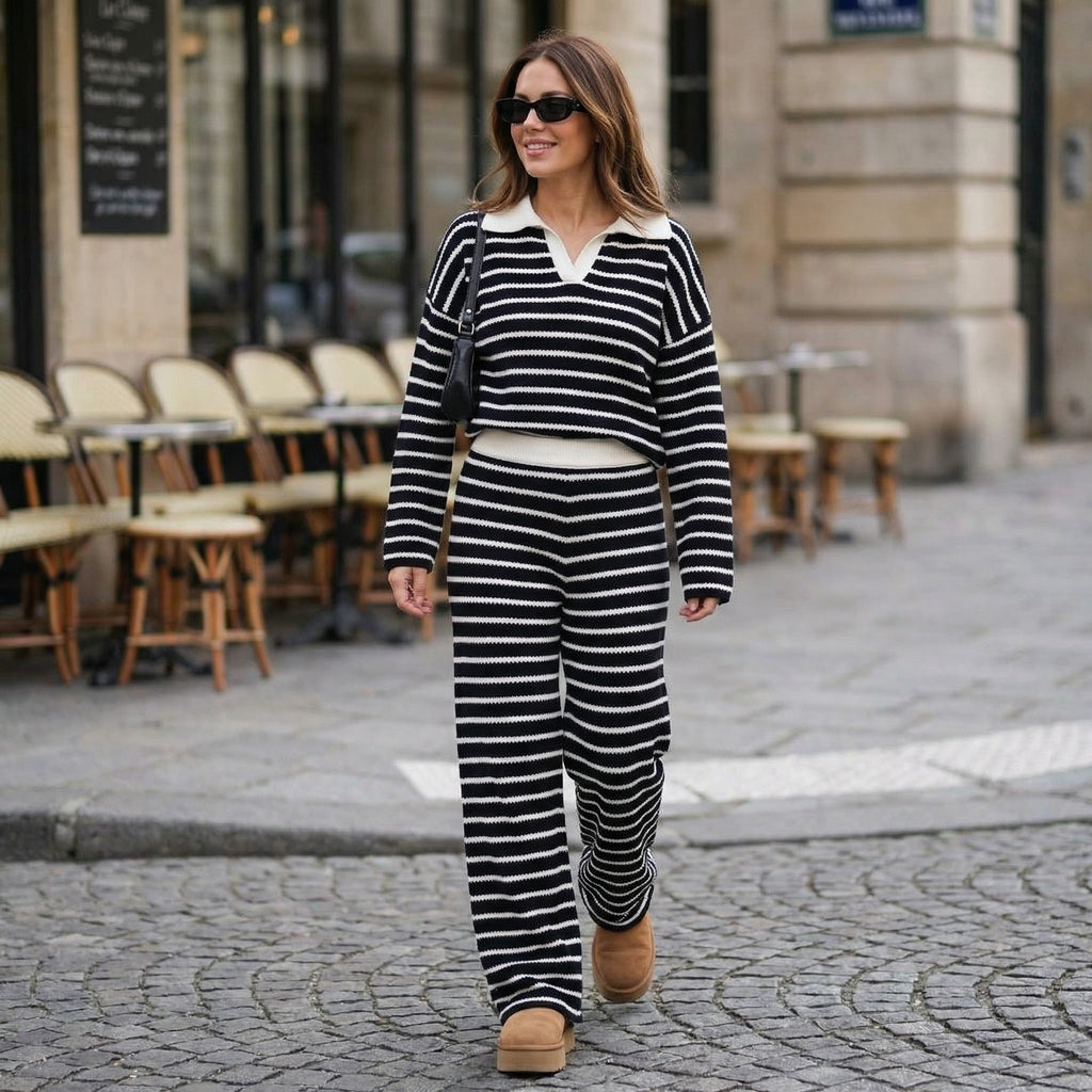 Women’s Striped V-Neck Knit Set – Stylish Two-Piece Outfit