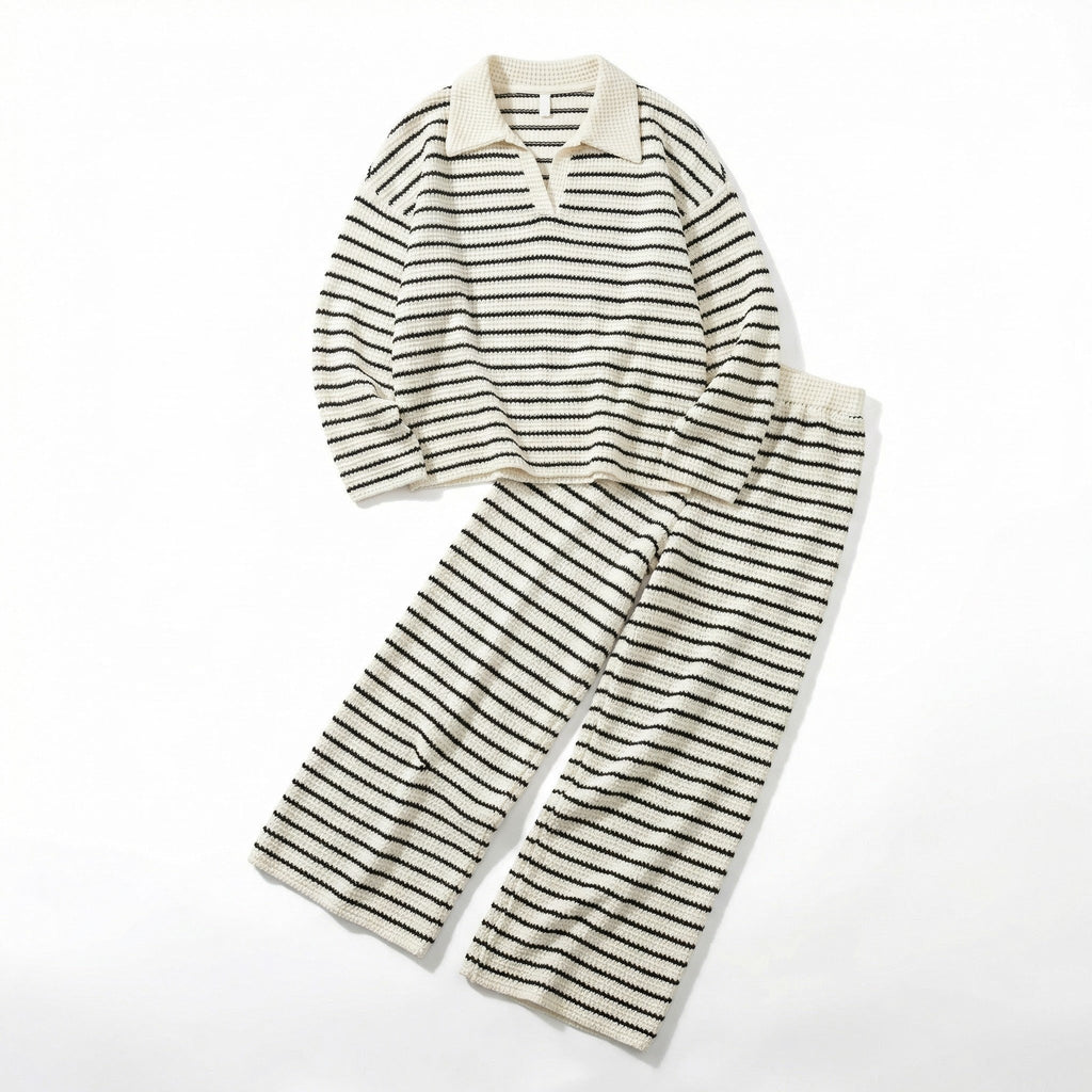 Women’s Striped V-Neck Knit Set – Stylish Two-Piece Outfit