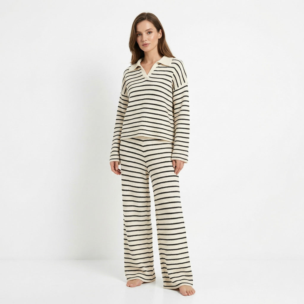 Women’s Striped V-Neck Knit Set – Stylish Two-Piece Outfit