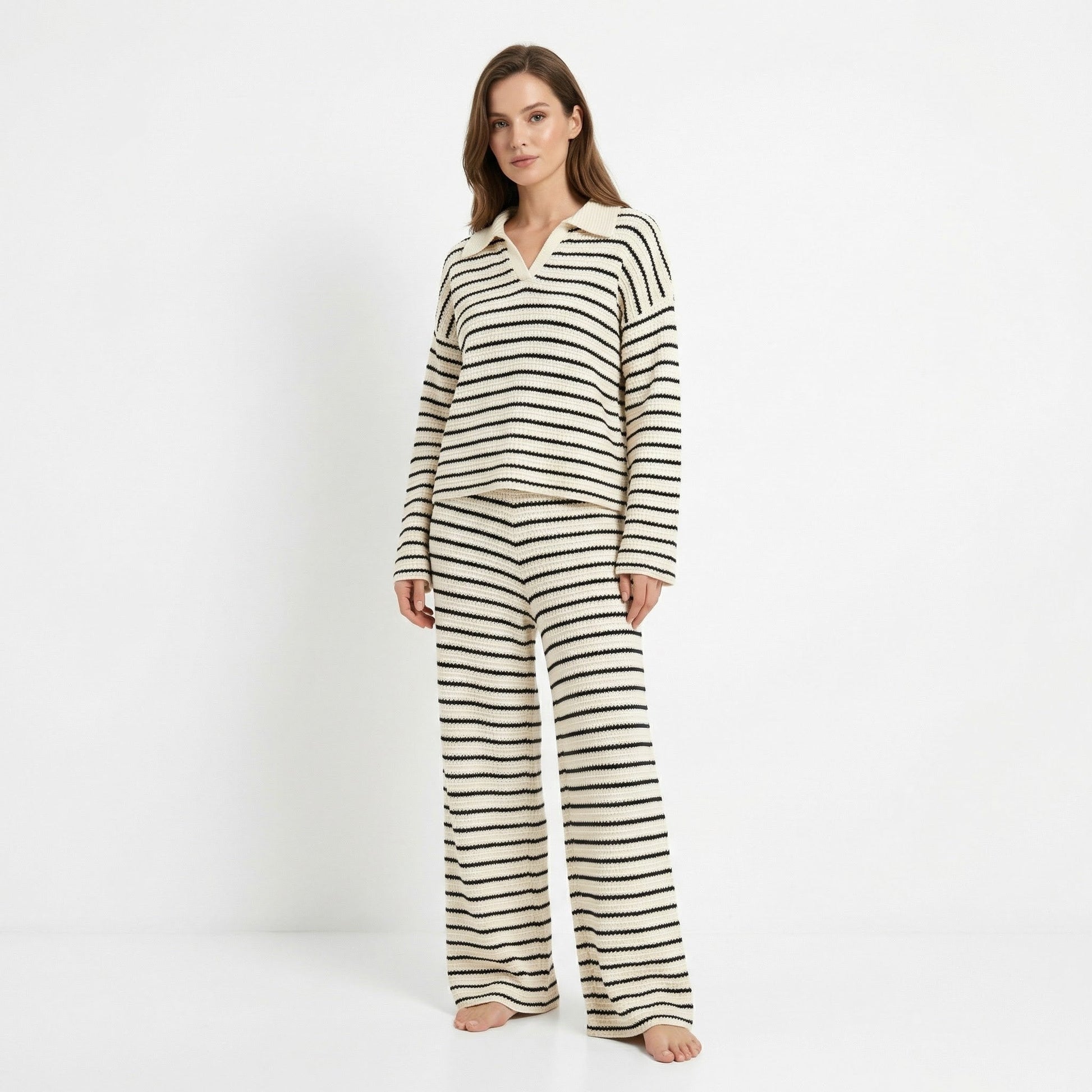 Women’s Striped V-Neck Knit Set – Stylish Two-Piece Outfit