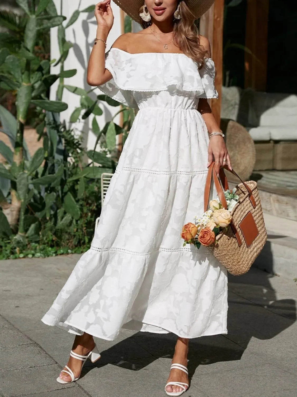 Women's Off-Shoulder Tiered Maxi Dress - Jacquard Ruffle Lace Trim