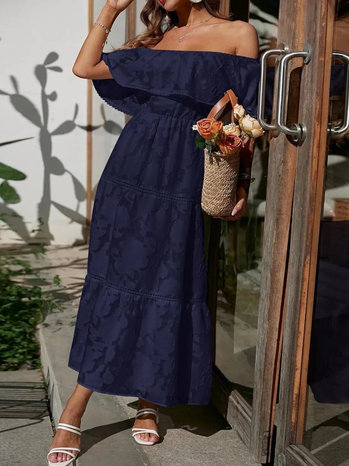 Women's Off-Shoulder Tiered Maxi Dress - Jacquard Ruffle Lace Trim