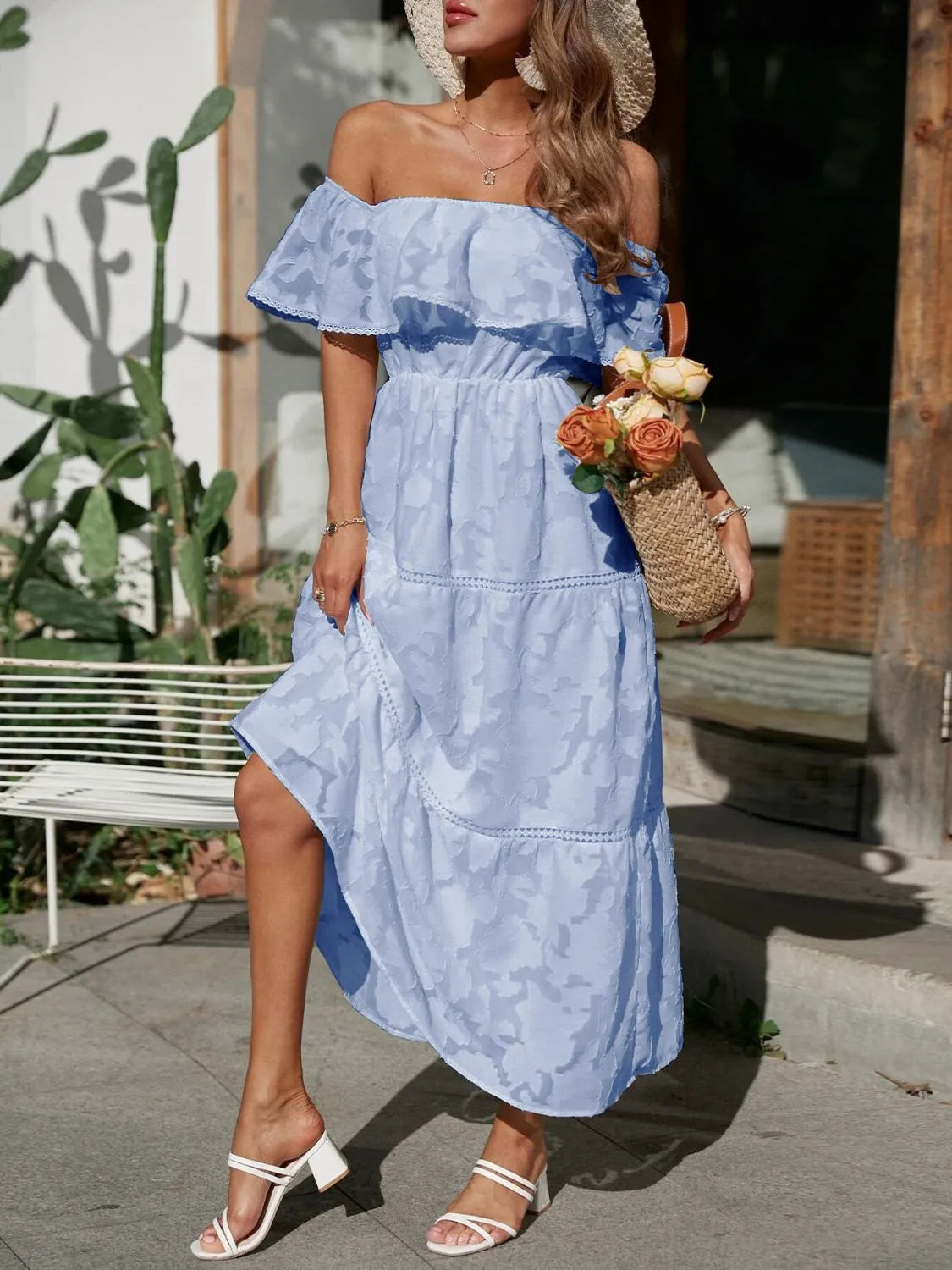 Women's Off-Shoulder Tiered Maxi Dress - Jacquard Ruffle Lace Trim