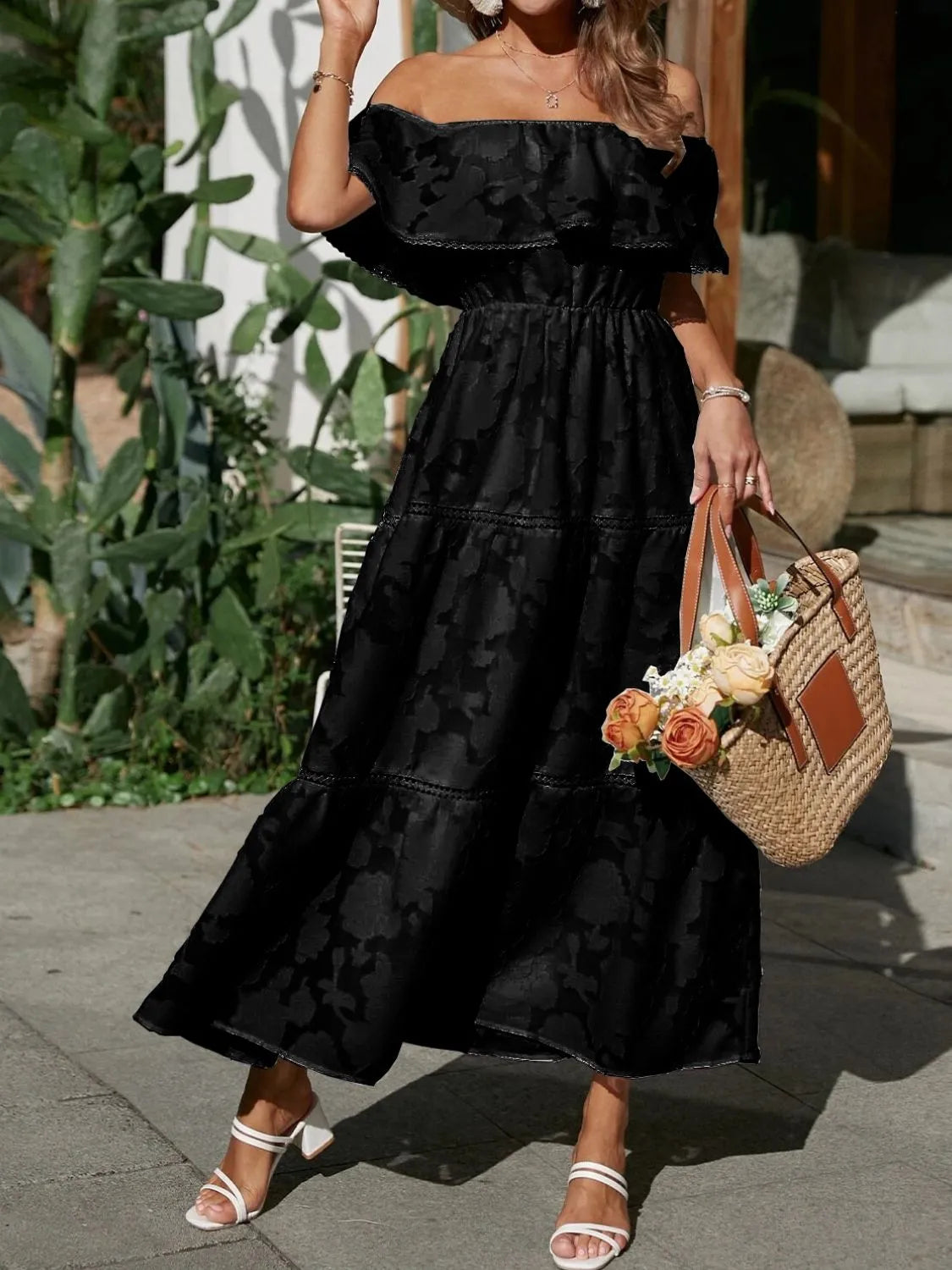 Women's Off-Shoulder Tiered Maxi Dress - Jacquard Ruffle Lace Trim