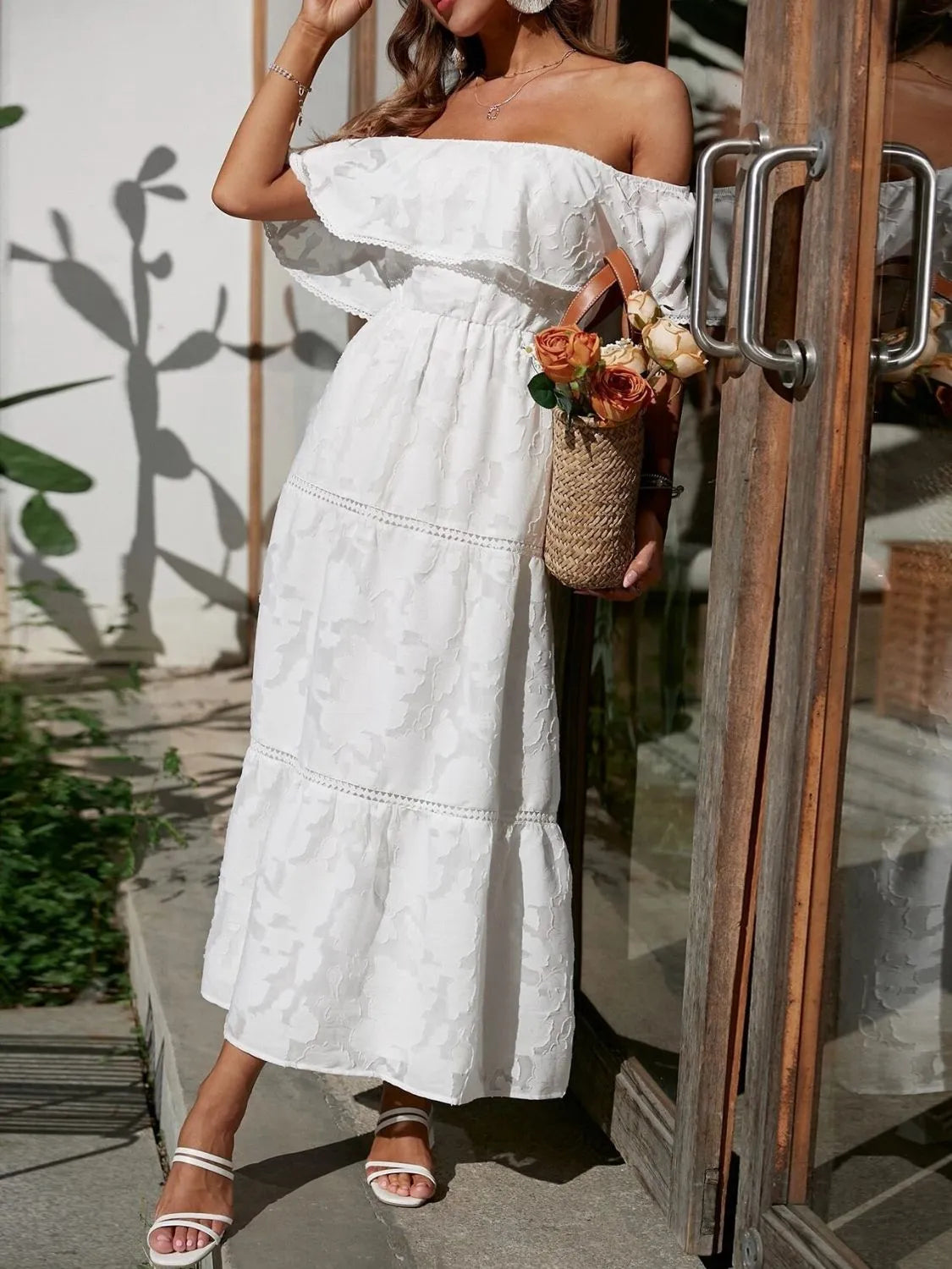 Women's Off-Shoulder Tiered Maxi Dress - Jacquard Ruffle Lace Trim