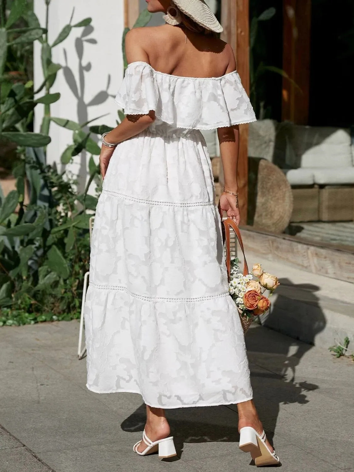 Women's Off-Shoulder Tiered Maxi Dress - Jacquard Ruffle Lace Trim