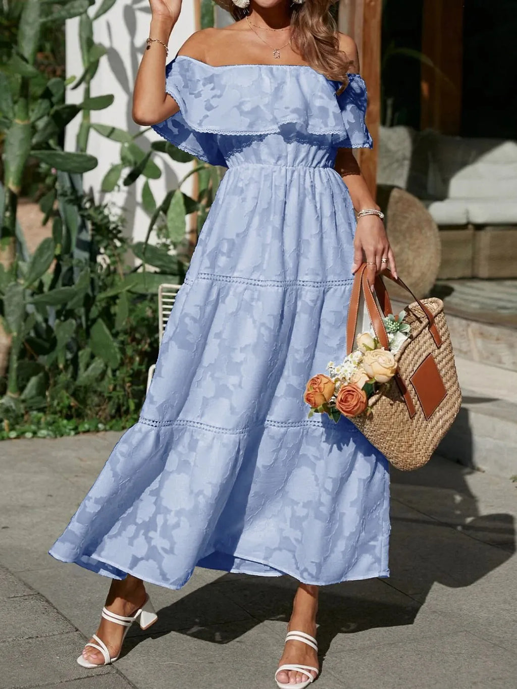 Women's Off-Shoulder Tiered Maxi Dress - Jacquard Ruffle Lace Trim