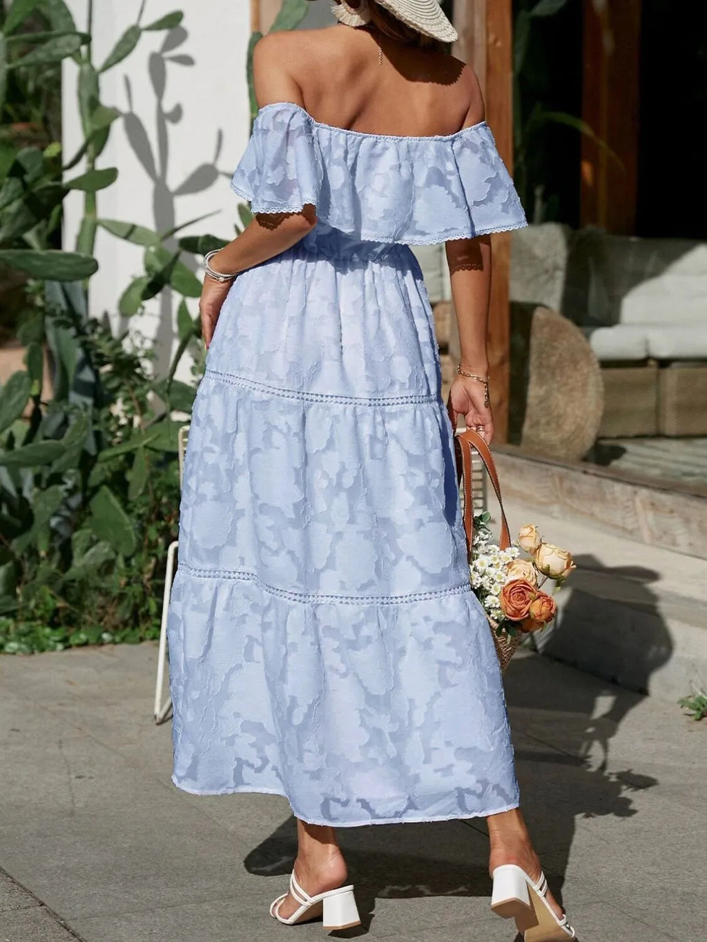 Women's Off-Shoulder Tiered Maxi Dress - Jacquard Ruffle Lace Trim