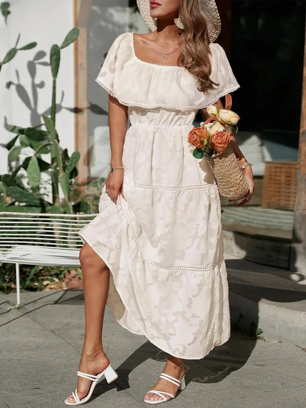 Women's Off-Shoulder Tiered Maxi Dress - Jacquard Ruffle Lace Trim