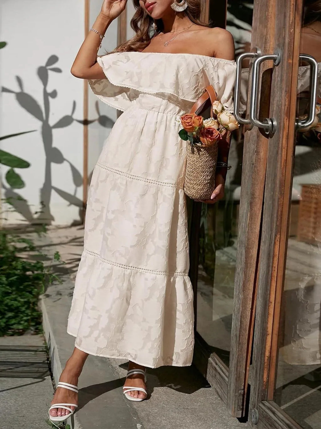 Women's Off-Shoulder Tiered Maxi Dress - Jacquard Ruffle Lace Trim