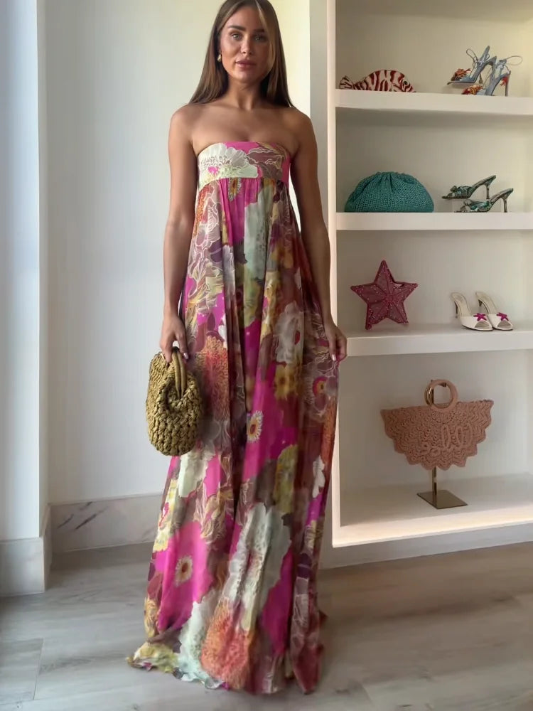 Women's Strapless Floral Maxi Dress - Empire Waist Flowy Occasion Style