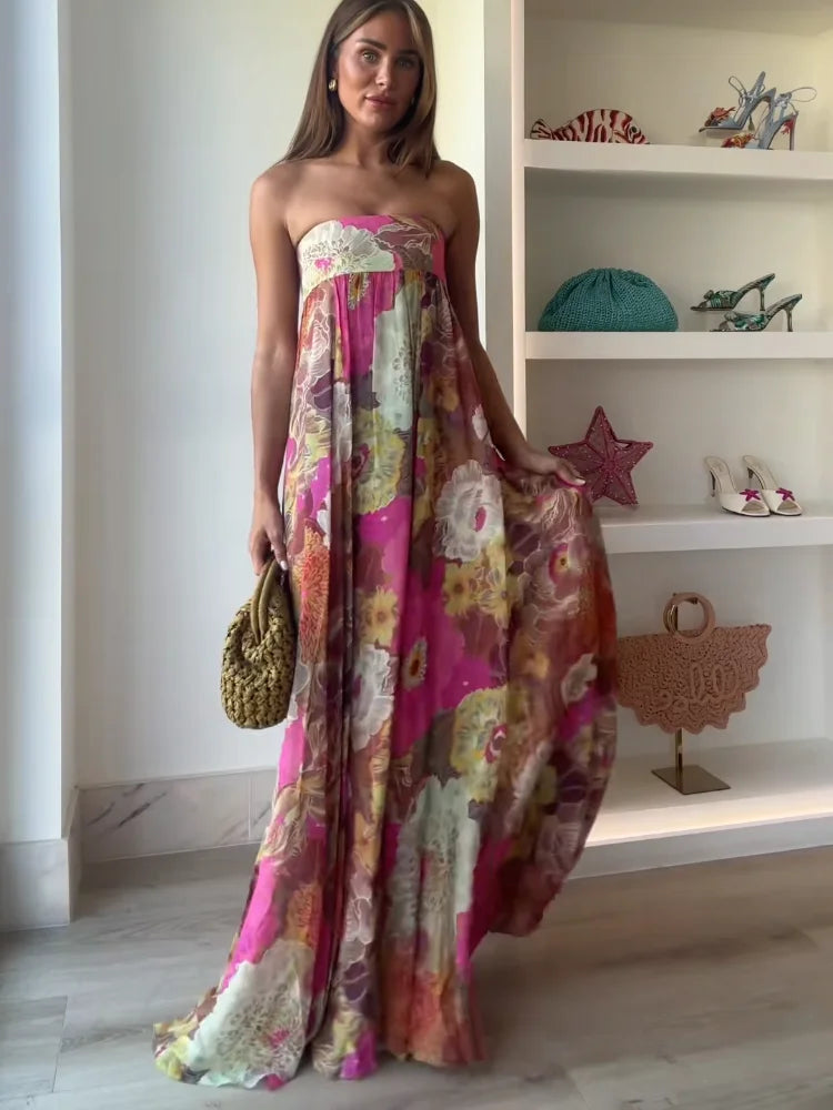 Women's Strapless Floral Maxi Dress - Empire Waist Flowy Occasion Style
