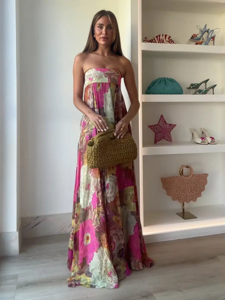 Women's Strapless Floral Maxi Dress - Empire Waist Flowy Occasion Style