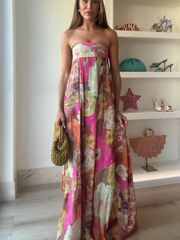Women's Strapless Floral Maxi Dress - Empire Waist Flowy Occasion Style