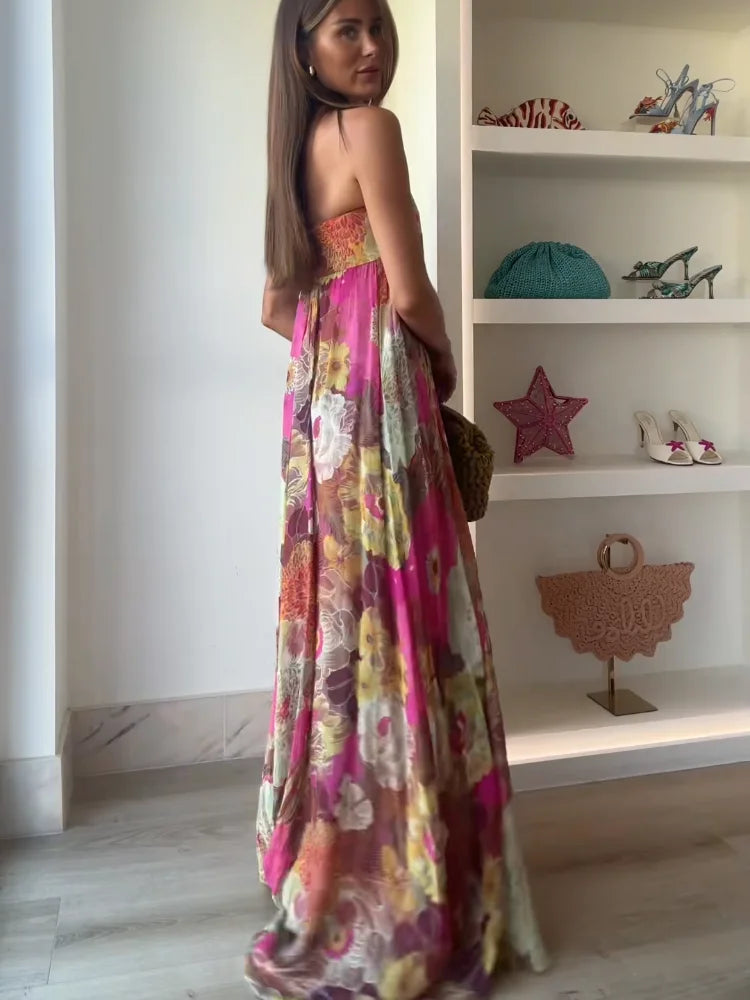 Women's Strapless Floral Maxi Dress - Empire Waist Flowy Occasion Style