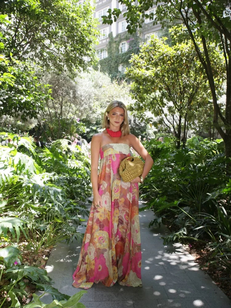 Women's Strapless Floral Maxi Dress - Empire Waist Flowy Occasion Style