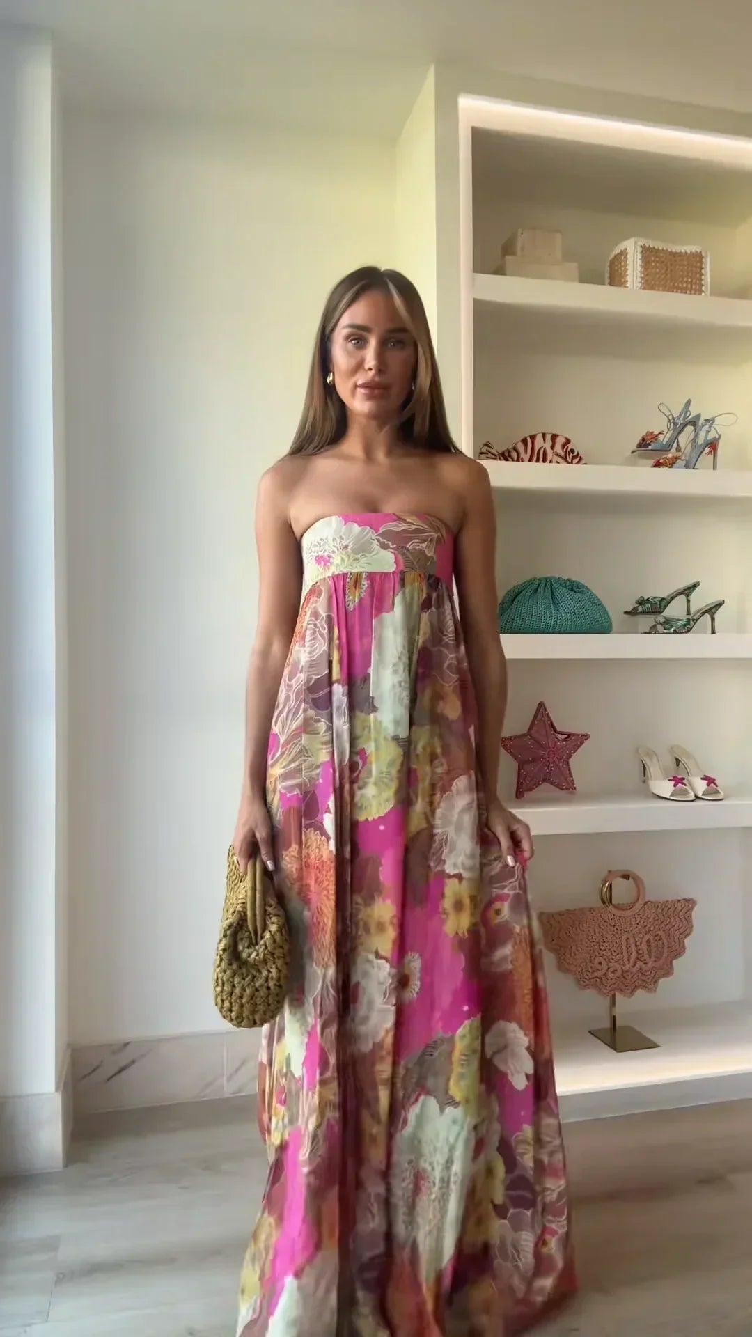 Women's Strapless Floral Maxi Dress - Empire Waist Flowy Occasion Style