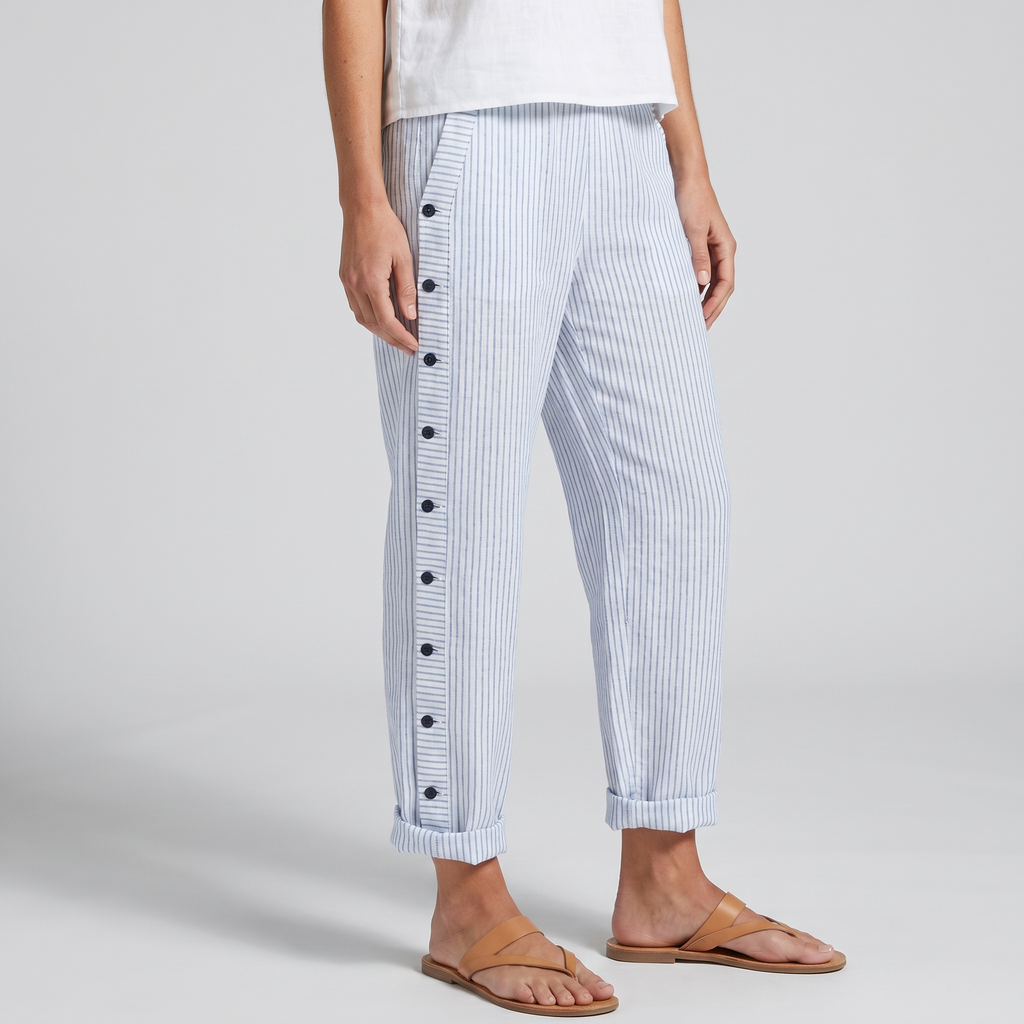 Women's Striped Panel Button-Detail Trousers – Modern Casual Tailored Style