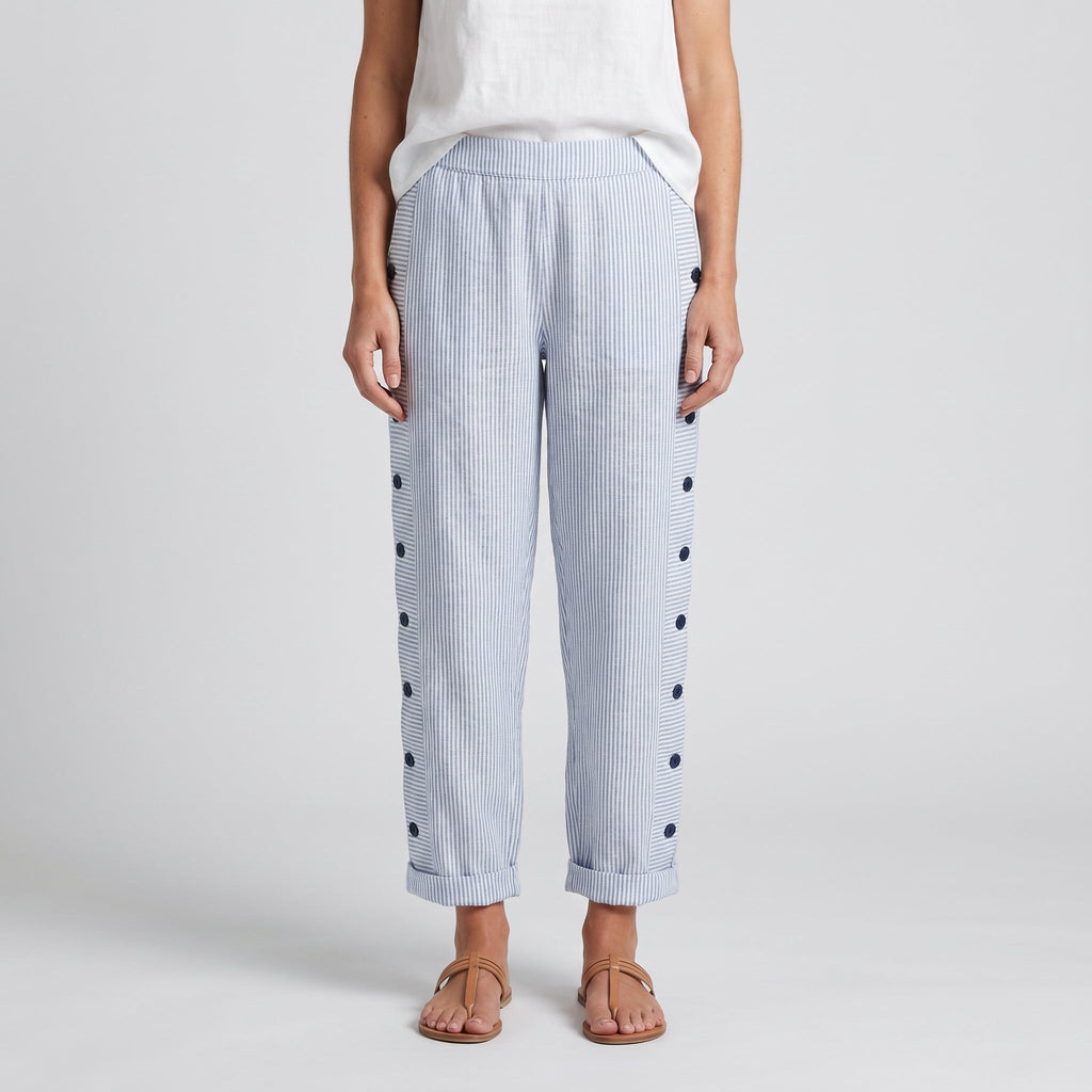 Women's Striped Panel Button-Detail Trousers – Modern Casual Tailored Style