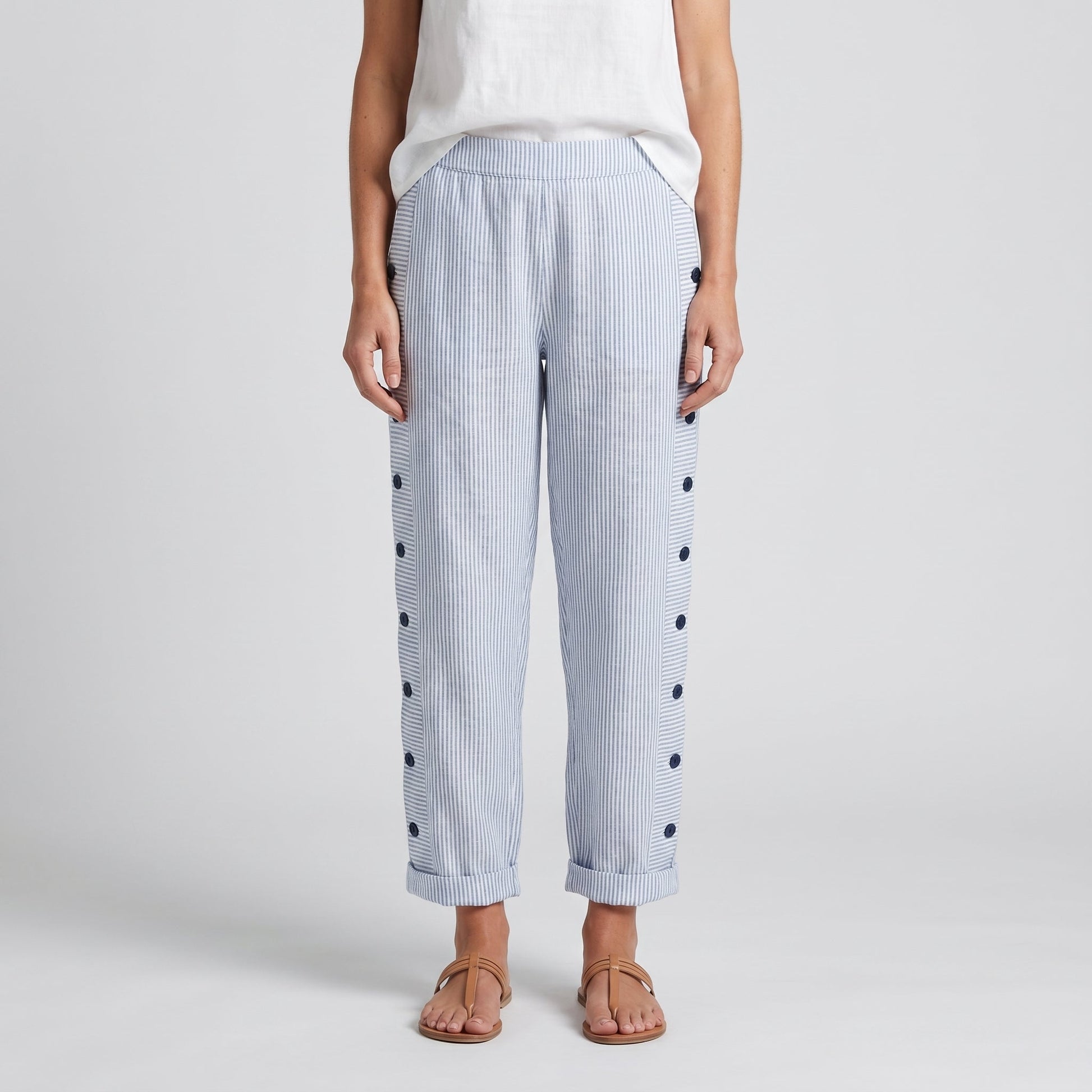 Women's Striped Panel Button-Detail Trousers – Modern Casual Tailored Style