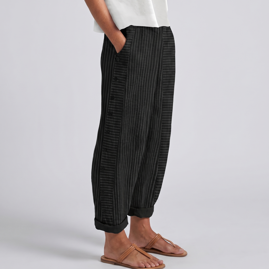 Women's Striped Panel Button-Detail Trousers – Modern Casual Tailored Style
