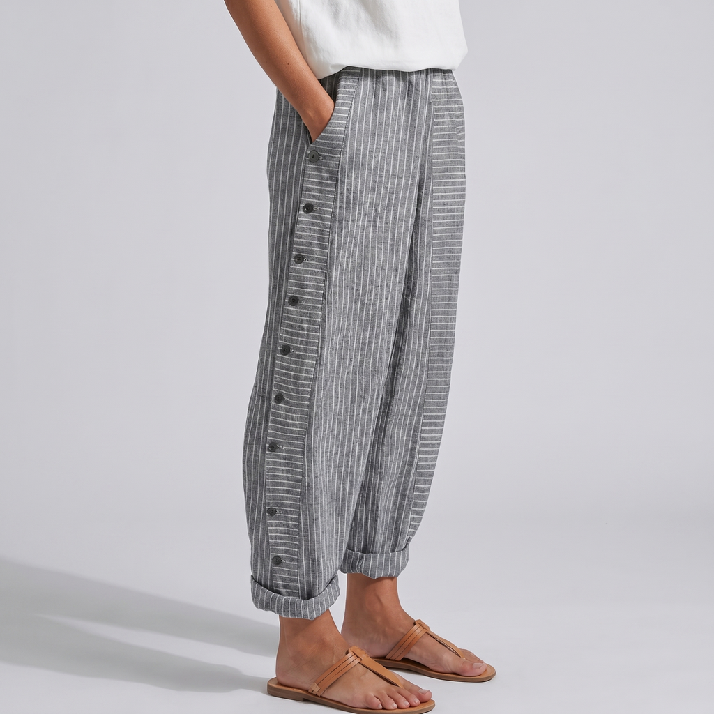Women's Striped Panel Button-Detail Trousers – Modern Casual Tailored Style