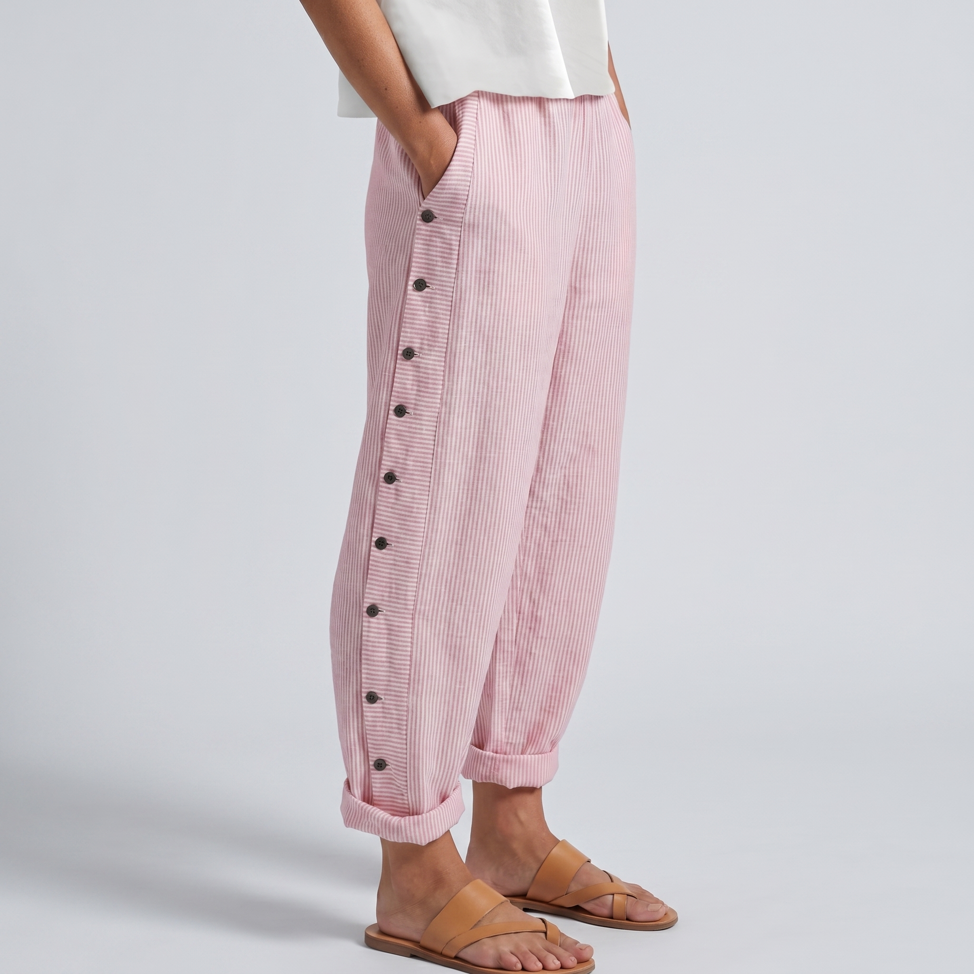 Women's Striped Panel Button-Detail Trousers – Modern Casual Tailored Style
