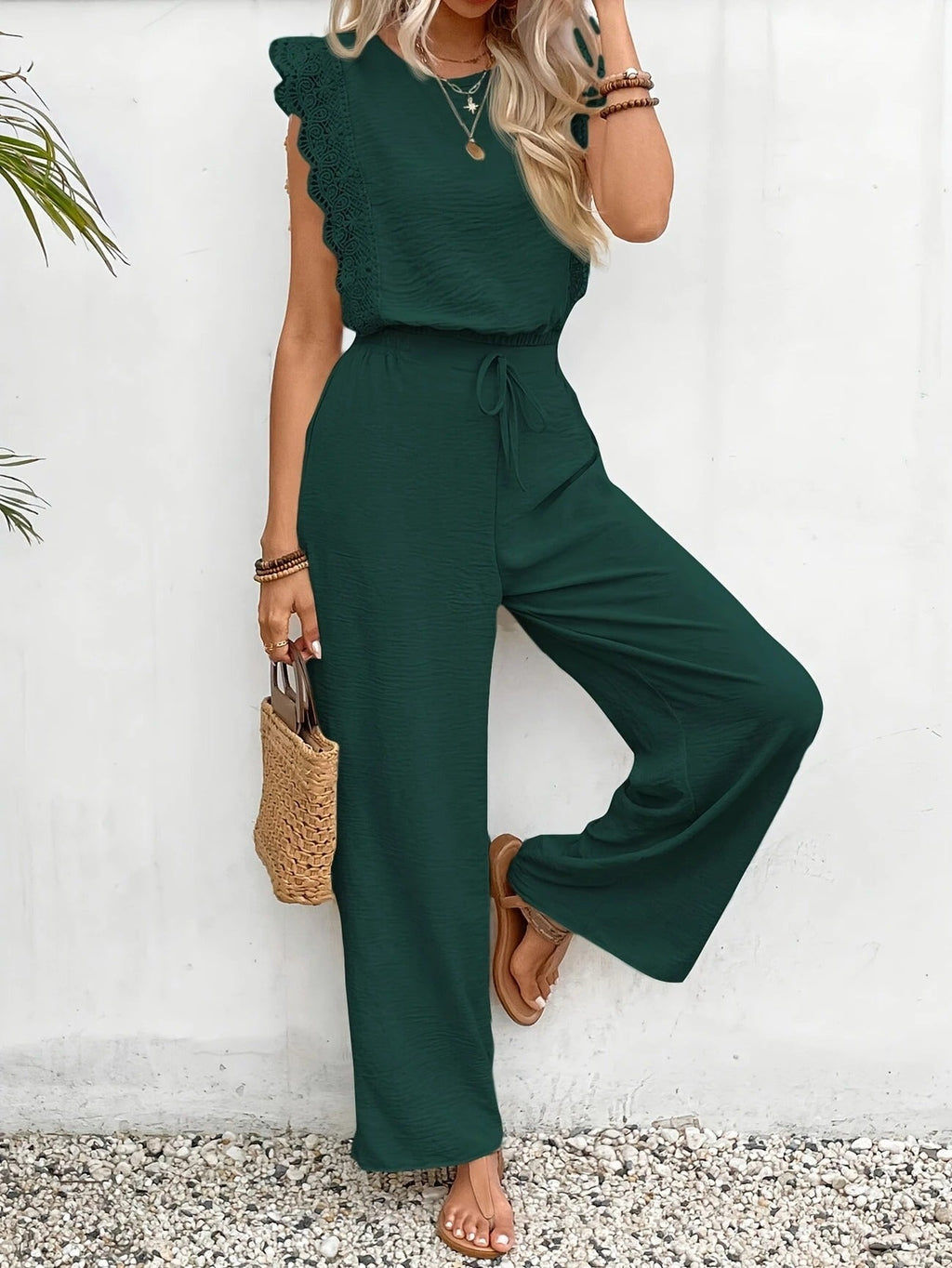 Women’s Two-Piece Set – Lace-Trim Cap-Sleeve Top & Wide-Leg Pants