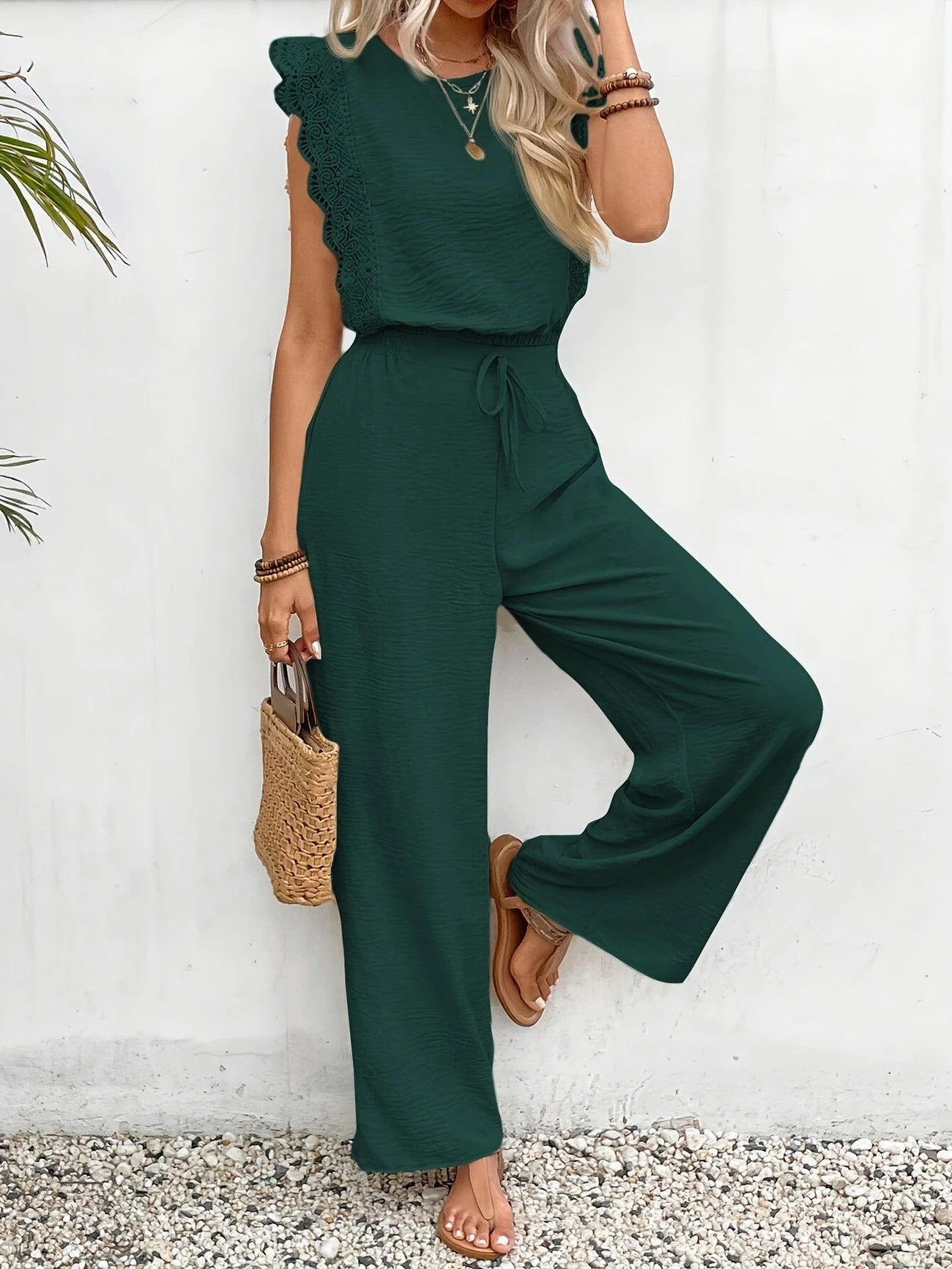 Women’s Two-Piece Set – Lace-Trim Cap-Sleeve Top & Wide-Leg Pants