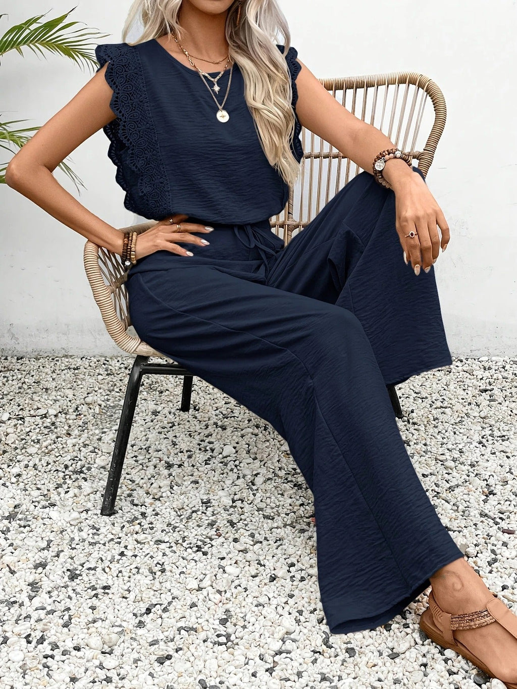 Women’s Two-Piece Set – Lace-Trim Cap-Sleeve Top & Wide-Leg Pants