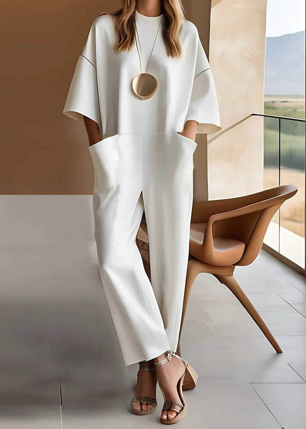 Women's Wide Leg Jumpsuit - Short Sleeve Crew Neck Everyday Style