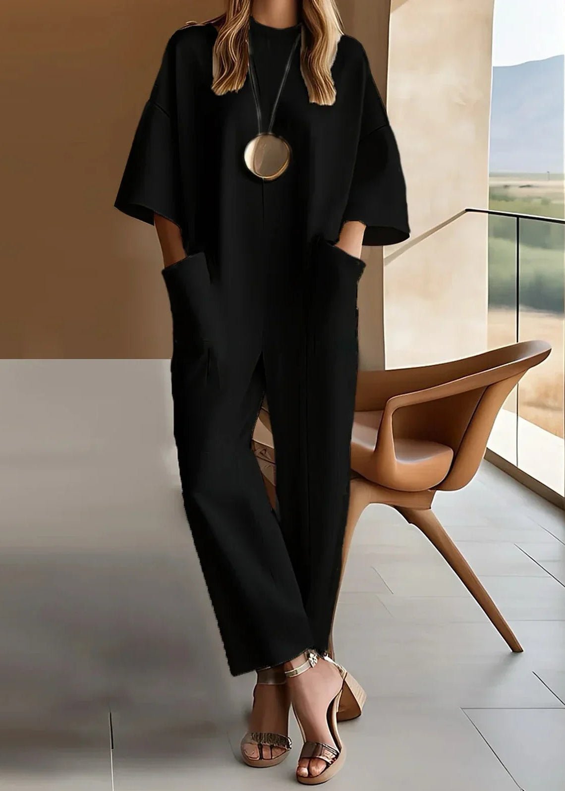 Women's Wide Leg Jumpsuit - Short Sleeve Crew Neck Everyday Style