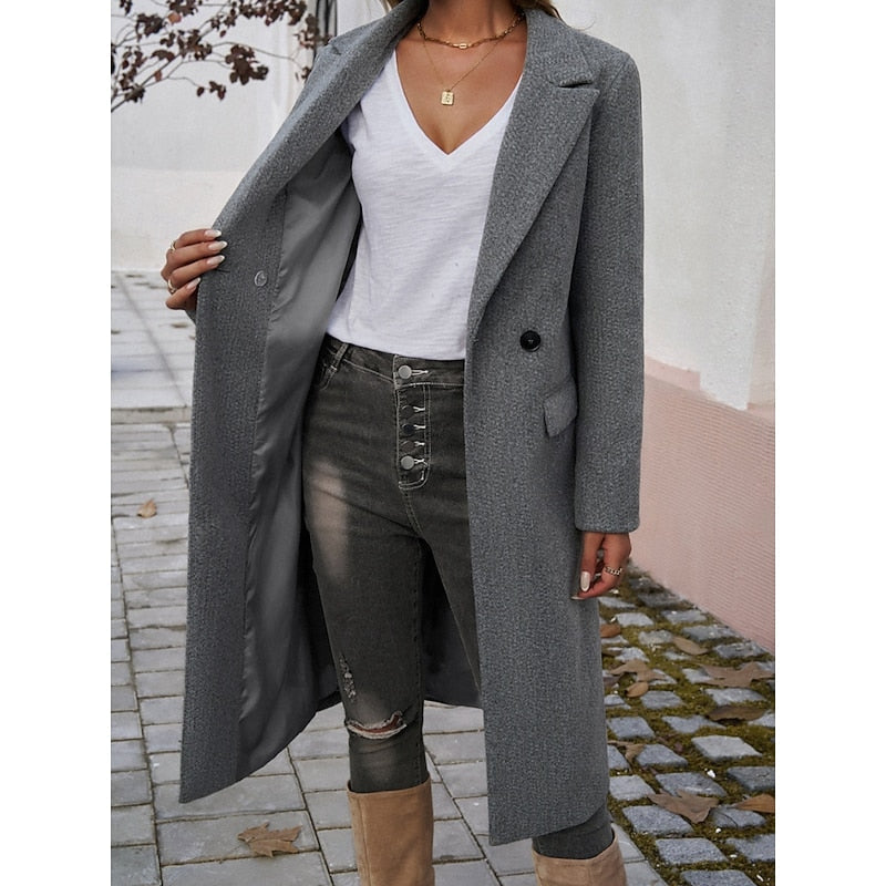 Women’s Long Winter Coat with Lapel Collar – Warm Elegant Outerwear